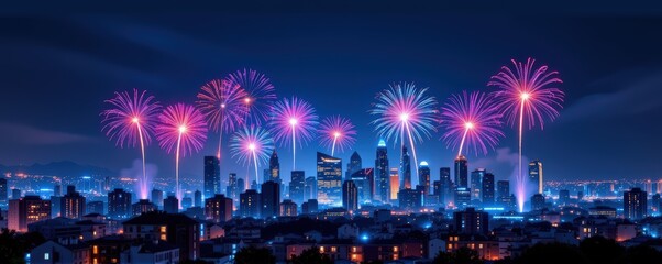 City skyline glowing under a midnight sky filled with colorful fireworks bursting in symmetrical arc