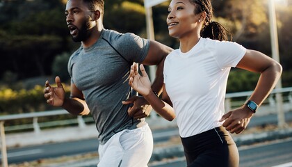 Athletic man and woman running on sunny road, concept for fitness program promotion, healthy lifestyle advertising and outdoor sports training