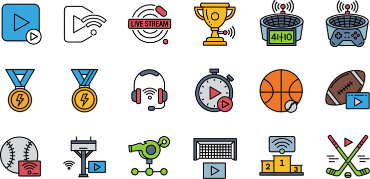 Set of Sports and Live Broadcast Themed Color Line Icons.