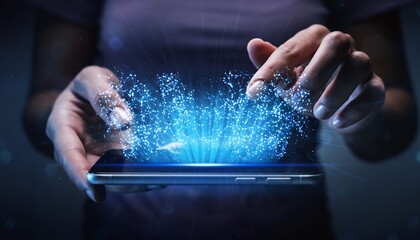 Close up of hands holding a smartphone with glowing digital network, concept for data analysis, global connectivity and mobile technology solutions