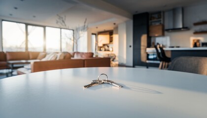 Close-up shot of keys on a white table in a modern living room with a blurred background, concept for real estate, new home ownership and property investment