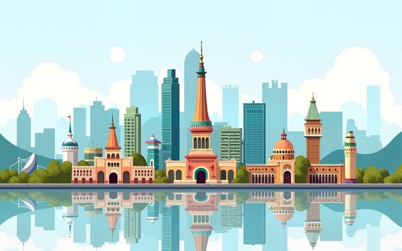 Travel landmarks tourism world famous, Vector illustration. Design for travel wallpaper, flyer or web banner design template. Panorama view. Copy space. High quality
