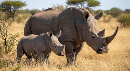 Obraz premium Adult and young rhinoceros grazing in african savanna