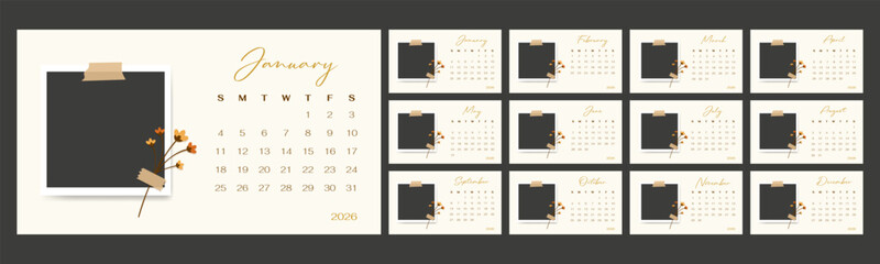 2026 english calendar year template set of horizontal layout pages. Blank photo frame collage design. 