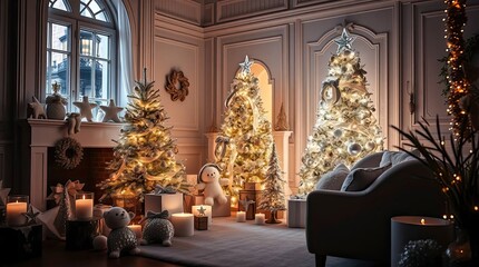 Obraz premium Elegant White and Gold Christmas Decor with Soft Lighting and Iridescent Colors — High Contrast, Low Key Lighting, Adorably Charming with Deep Shadows and Dramatic Effect