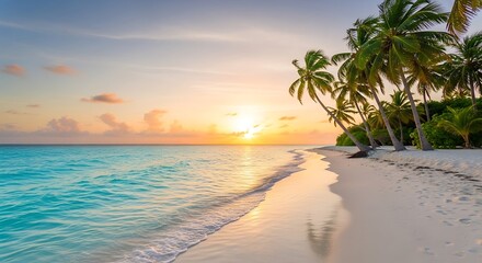 Fototapeta premium Tropical Beach Sunrise with Palm Trees and Turquoise Water.