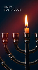Happy Hanukkah greeting card. Illuminated menorah with one lit candle for Jewish holiday celebration, symbolizing light and tradition.