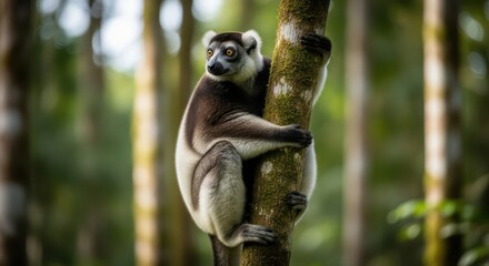Obraz premium Lemur climbing tree in lush green forest environment