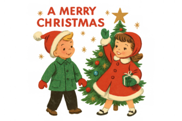 Children decorating a retro christmas tree with an old-fashioned boy and girl celebrating vintage holidays