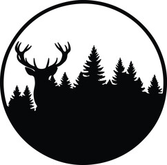 Vector deer silhouette with forest trees in circle illustration