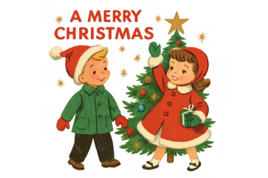 Children decorating a retro christmas tree with an old-fashioned boy and girl celebrating vintage holidays