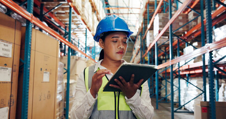 Distribution, tablet and woman in warehouse, network and logistics with digital app for stock....