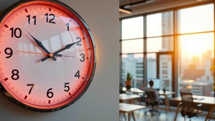 Modern office wall clock glowing sunrise with city view through window by desk, analog wall clock bright office conveying calm urgency with blurred