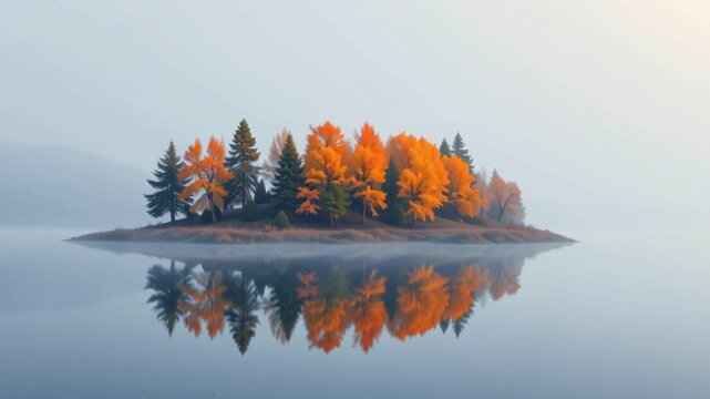 Autumn island reflection lake mist orange tree pine calm water foggy morning tranquil evergreen foliage serene small island reflection scene