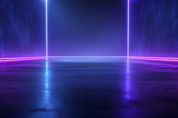 Fototapeta premium Futuristic neon tunnel with glowing blue and purple lights reflecting on a wet floor, creating an abstract and atmospheric cyberpunk environment