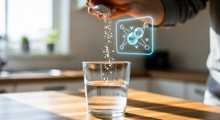 Adding salt to a glass of water with a digital overlay of a sodium chloride molecule, illustrating the science of hydration and electrolyte balance
