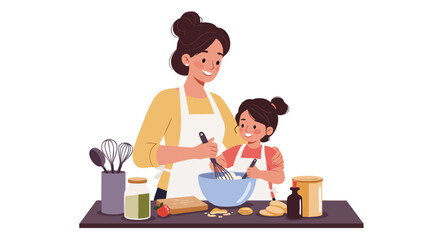 Smiling family mother and daughter child cooking food together indoors in a home kitchen
