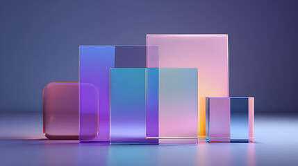 Group of varied translucent geometric prisms and blocks with a soft pastel glow and iridescent highlights, arranged artfully on a smooth surface
