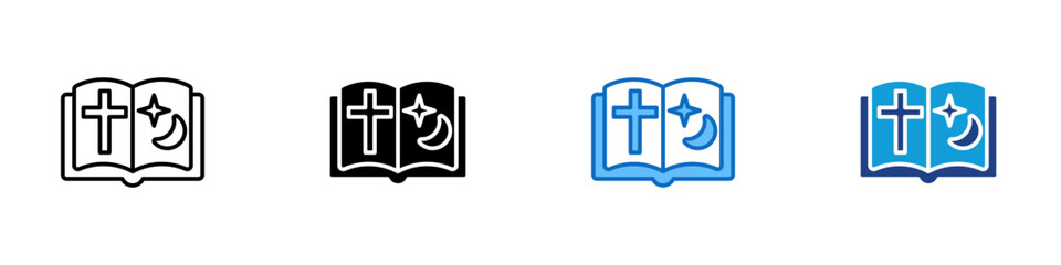 Holy Book Multiple Style Icon Design Vector - open religious book showing a cross and crescent moon, symbolizing faith and spirituality