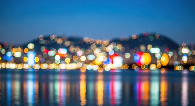 Blurry city lights reflecting on water at dusk creating bokeh
