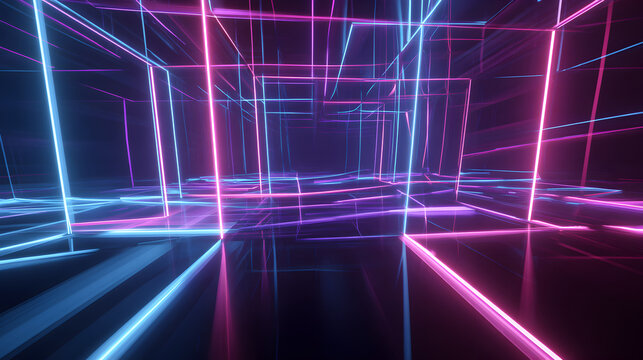 An intricate network of glowing blue and pink neon lines forming a 3d grid structure, creating a complex and futuristic abstract digital environment - Powered by Adobe