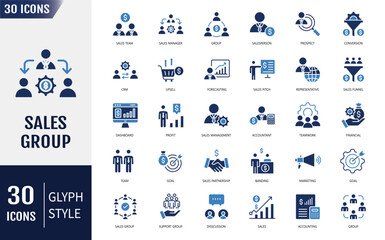 Sales group icon set. Containing icons: sales department, salesperson, prospect, sales report, marketing, sales pitch and more. Vector illustration