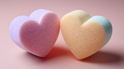 Fototapeta premium Two textured, pastel-colored heart shapes rest upon a soft, pale surface