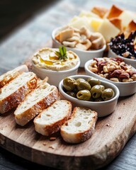 Rustic appetizer board with sliced bread, hummus, olives, nuts and cheese. Concept of Mediterranean food, sharing and natural ingredients.