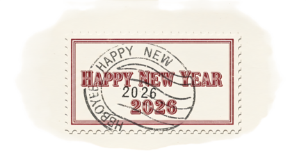 Happy New Year 2026 text, vintage postage stamp with postmark, cutout, PNG isolated on white or transparent background