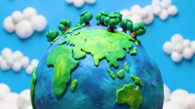 Earth Day Celebration A Clay Model of Our Planet with Trees, Clouds, and a Blue Sky