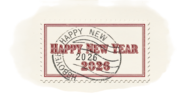 Happy New Year 2026 text, vintage postage stamp with postmark, cutout, PNG isolated on white or transparent background