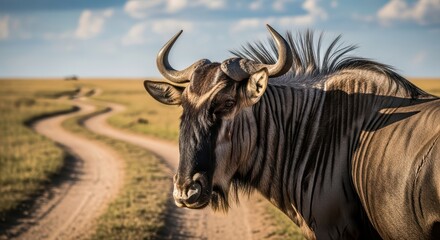 Wildebeest grazing in african savanna near dirt path under blue sky
