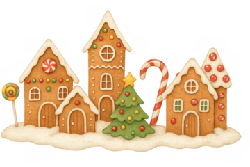 Gingerbread christmas village with festive cookie houses, candy decorations, sweet tree, and cane on transparent background
