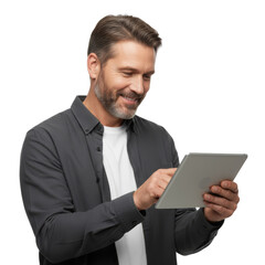 Smiling man engaging with a modern tablet technology with a transparent backdrop