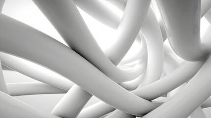 Abstract tangled white tubes or pipes forming a complex network, suggesting connection, chaos, or intricate systems, isolated on white background