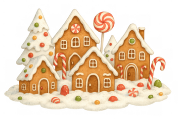 Gingerbread christmas village with festive candy decorations, snowy roofs, and sweet winter holiday scene on transparent background