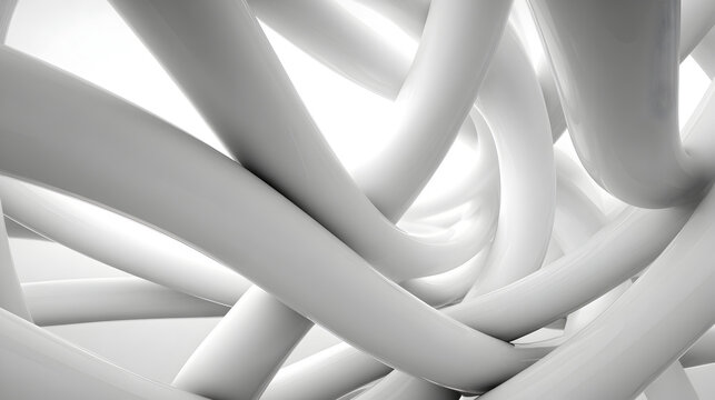 Abstract tangled white tubes or pipes forming a complex network, suggesting connection, chaos, or intricate systems, isolated on white background