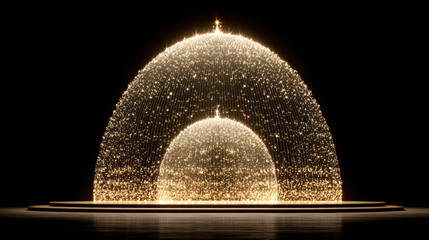 Golden light dome and inner sphere installation glowing on circular stage, magical luminous ambiance