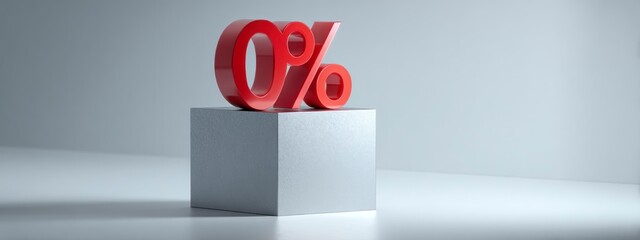 Red zero percent sign placed on metallic cube with soft light and minimal background. Concept of discount, finance, and marketing design. banner 