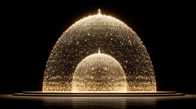 Golden light dome and inner sphere installation glowing on circular stage, magical luminous ambiance