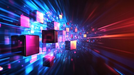 Abstract Data Cubes: An abstract composition, featuring a dynamic array of interconnected cubic structures, emits a futuristic aura with brilliant shades of vibrant blue and red.