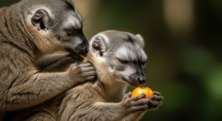 Obraz premium Two ring-tailed lemurs interacting in natural habitat with fruit
