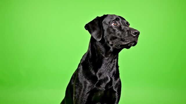 A shiny black dog sits in front of a green screen, looking intently to the side