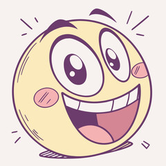 A cheerful cartoon yellow smiley face emoji with big eyes and a wide open mouth showing teeth and tongue isolated on white background silhouette