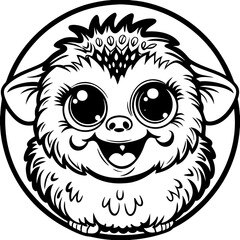 Adorable cartoon hedgehog with big eyes and a wide smile presented as a black and white silhouette isolated on white background