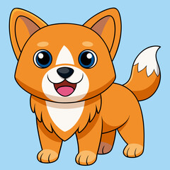 Adorable cartoon corgi puppy with big blue eyes and a fluffy white tail standing happily isolated on white background silhouette