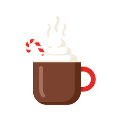 Warm chocolate drink with cream and candy cane festive holiday beverage isolated on white background