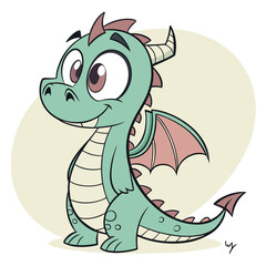 Cute cartoon baby dragon with big eyes and wings smiling happily isolated on white background silhouette