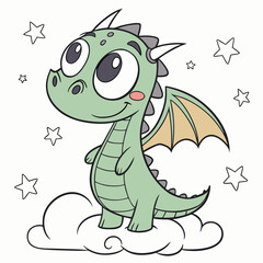 A cute cartoon baby dragon with big eyes and wings sitting on a cloud surrounded by stars isolated on white background silhouette