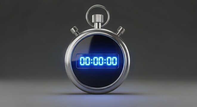 Digital stopwatch displaying 000000 on a gray background in studio shot